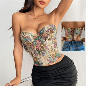 Women's Vintage Floral Strapless Corset Bustier with Lace-up Back